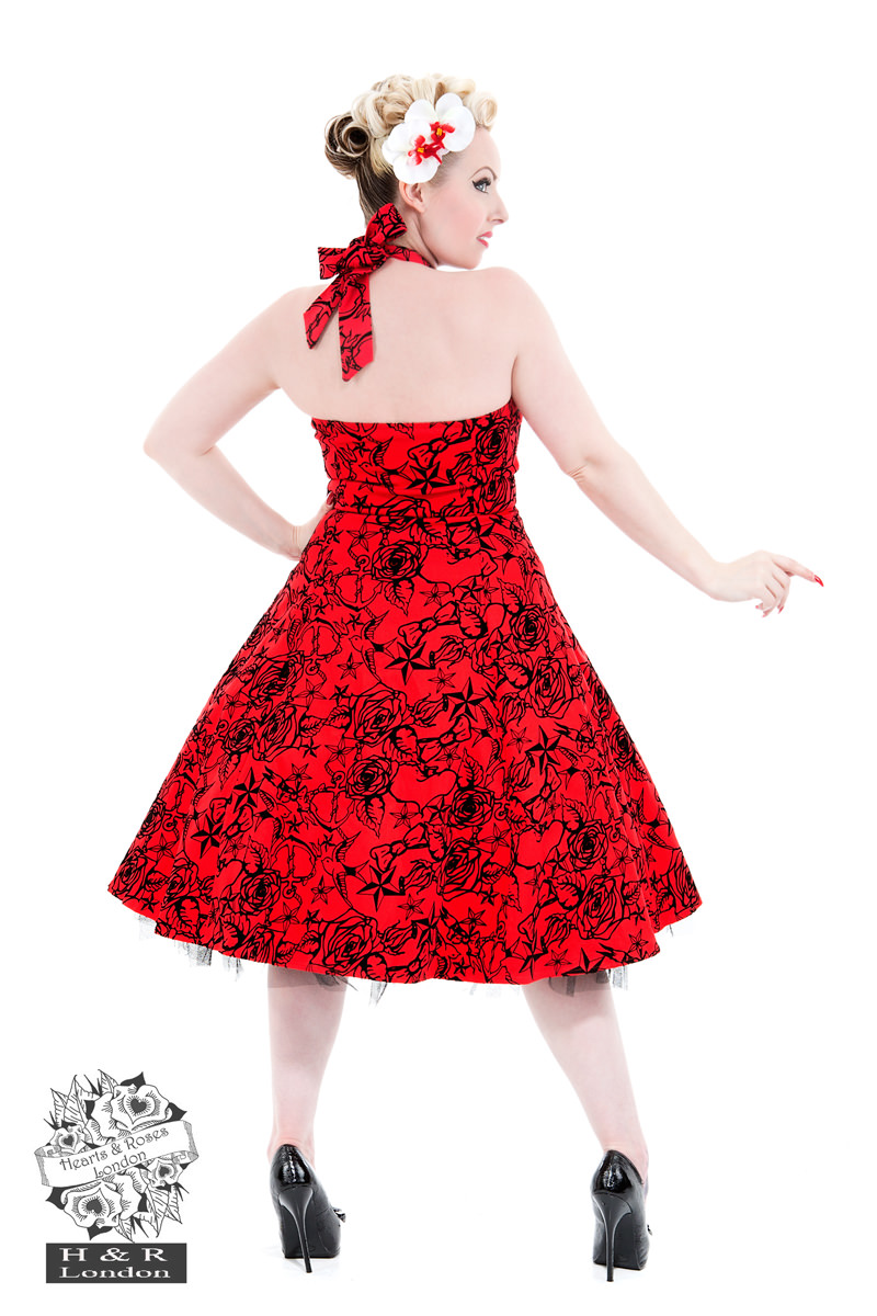 Red Taffeta Flocked Halter Dress